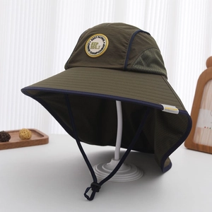 Detail of olive green sun hat with side mesh vents and long neck protection flap