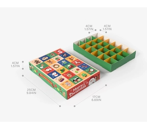Detail view of 24-grid Christmas advent calendar box with dimensions 25x17x4cm