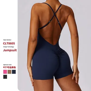 Women Yoga Romper Bodysuit Nylon Spandex Ruched Butt Lifting Backless Cross Straps Sleeveless Fitness Gym Jumpsuit