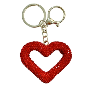 Hollow heart keychain with sparkling red rhinestones and golden metal ring