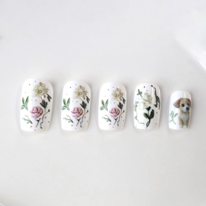 Floral press-on nails set featuring watercolor roses and a cute puppy on white base