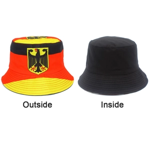 Detail of reversible bucket hat showing German flag pattern and black inner lining