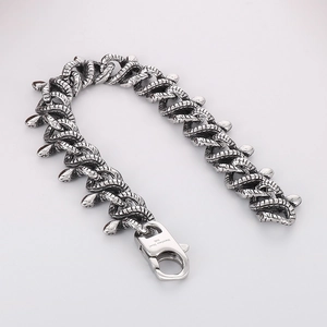 Mens dark style 316L stainless steel snake chain bracelet with large buckle clasp