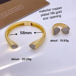 Adjustable copper 18K gold plated heart ring and bangle set with zircon inlay