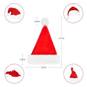 Detailed size specifications for plush red Christmas hat with white faux fur pompom and trim