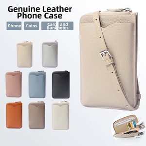 Detail view of genuine leather phone bag showing interior card slots and zipper pocket