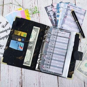 Detail of A6 marble PU leather budget binder with internal card slots and metal rings