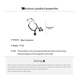 Detailed size specifications for teardrop necklace and earrings set with measurements