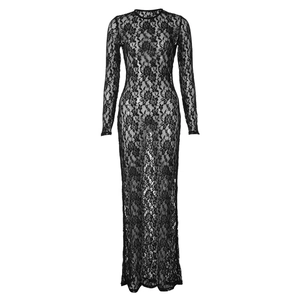 Close-up of intricate floral lace patterns and sheer texture on a black maxi dress