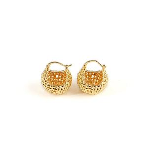 Elegant woven gold hollow sphere earrings with polished metallic texture and hoop closure