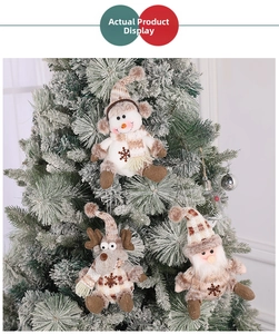 Detailed close-up of plush snowman, reindeer, and Santa ornaments on a snowy Christmas tree