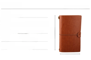 Detail of A6 vintage brown PU leather travel notebook with elastic strap and metal charm