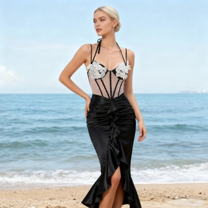 Women Satin Lace Corset Midi Dress Floral Applique Ruffle Hem High Slit Irregular Sexy Party Evening Gown