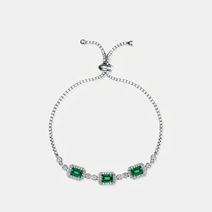 S925 Sterling Silver Lab-Created Emerald Bracelet For Women Vintage Geometric Adjustable Box Chain Rhinestone Jewelry