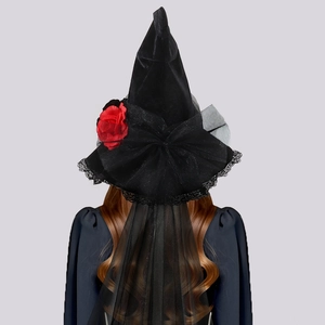 Baroque Gothic Witch Hat with Red Roses, Black Bow, Lace Edging and Long Mesh Veil