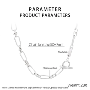 Detailed specs of stainless steel chain necklace with OT clasp and rectangular pendant