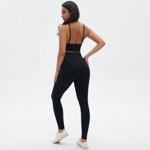 Detailed back view of a black yoga set with high waist leggings and strappy sports bra