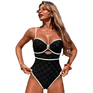 Retro black one-piece swimsuit with white piping, eyelet embroidery, and cutout detail