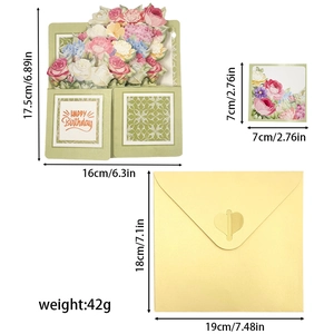 3D pop-up floral birthday card set with envelope and small note card, 17.5x16cm dimensions
