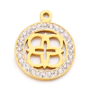 Golden stainless steel four-leaf clover pendant with sparkling rhinestones on white background