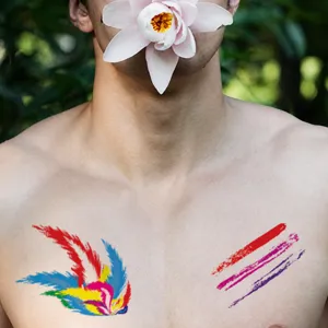 Vibrant rainbow feather temporary tattoos shown on model's face for party makeup