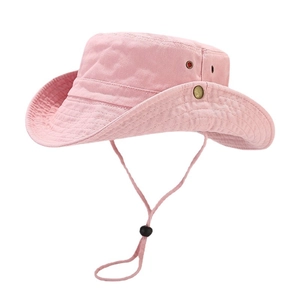 Pink washed cotton wide brim sun hat with windproof rope and breathable metal eyelets
