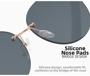 Close-up of rose gold metal bridge and transparent silicone nose pads on sunglasses