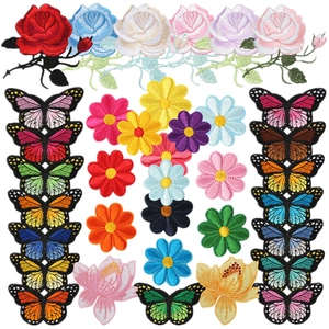 Butterfly Floral Embroidered Patches Iron On Appliques Rose Daisy Polyester Decorative DIY Accessories For Clothes Bag