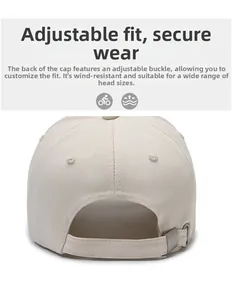 Detail of adjustable metal buckle on beige baseball cap for custom fit and comfort