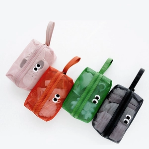 Cartoon Big Eyes Mesh Toiletry Bag PVC Waterproof Portable Travel Makeup Storage Pouch Zippered Stationery Organizer