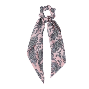 Pink paisley silk satin ponytail hair tie scarf scrunchie with long streaming ribbons