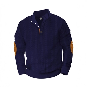 Men Knit Sweatshirt Stand Collar Button Long Sleeve Jacquard Cable Textured Casual Pullover With Elbow Patches