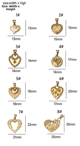 Detailed size guide for gold heart-shaped stainless steel charms from 13mm to 25mm