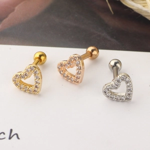 Three-color heart cartilage tragus studs with white zircons and screw ball backs