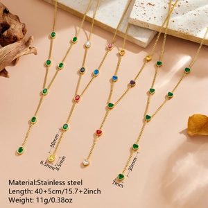 Gold plated stainless steel necklace with colorful crystal charms and tassel pendants
