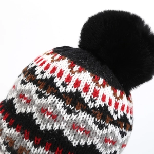 Ethnic knit trapper hat with pompom and colorful geometric jacquard patterns