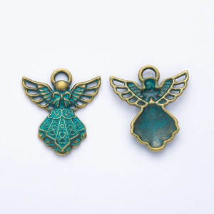Vintage bronze angel pendant charms in zinc alloy with antique green rust finish, front and back