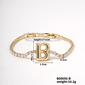 Detail showing dimensions of gold letter B bracelet with cubic zirconia and lobster clasp