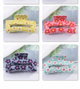 Set of four colorful floral square hair claws in yellow red purple and mint green colors