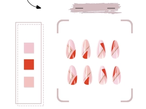 Detail of pink and orange geometric press-on nails with glittery gold line accents