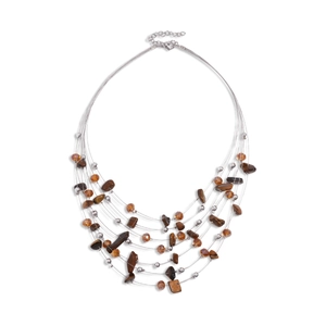 Bohemian multi-layer sweater necklace with tiger eye stones and amber beads on white backdrop