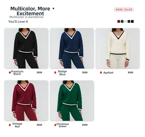 Detail of V-neck athletic set with contrast stripes on collar and cuffs in five colors