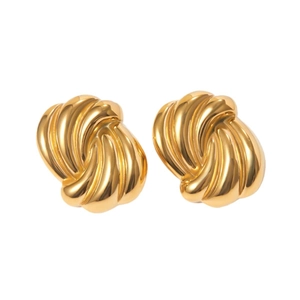 18k gold plated stainless steel stud earrings with modern twisted wave design on white backdrop