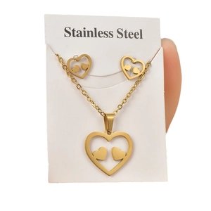 Golden stainless steel heart-shaped necklace and earrings jewelry set for women