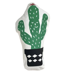 Cactus shaped decorative throw pillow featuring a green plant pattern and red flower detail