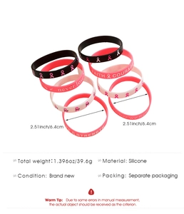 Detail view of silicone breast cancer awareness wristbands with pink ribbon symbols