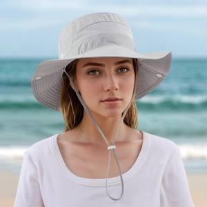 Unisex light grey outdoor bucket hat with breathable mesh and adjustable chin strap