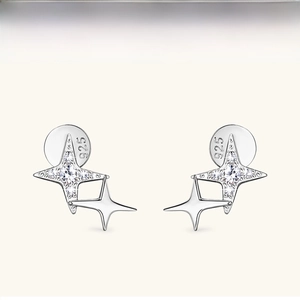 Detail showing S925 sterling silver star stud earrings with pave-set zircons and 925 stamp
