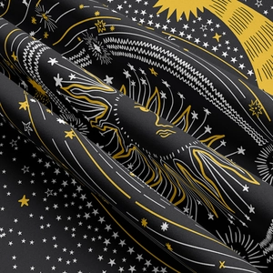 Detailed close-up showing the twill texture and sun moon pattern of the fabric tapestry