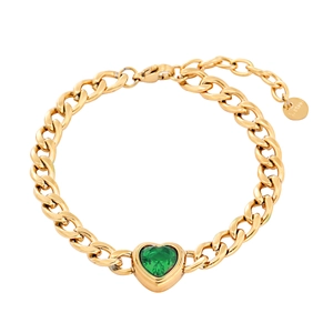 18K gold plated stainless steel Cuban chain bracelet with a green heart zircon stone